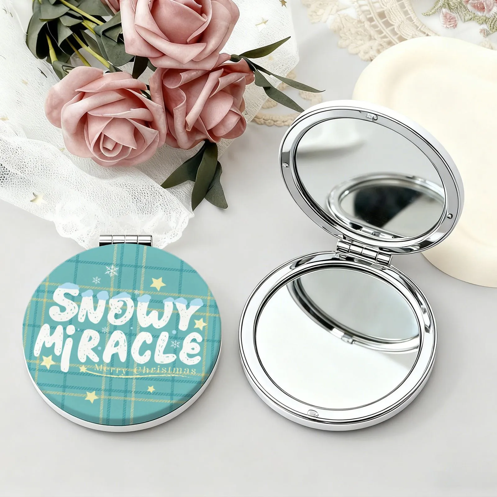 Custom Portable Pocket Makeup Mirror – Personalized PU Compact Mirror (Round/Heart/Square)