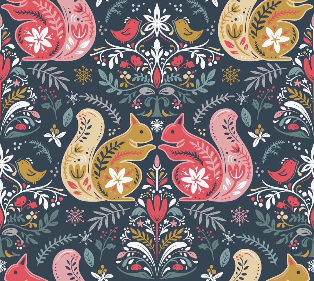 Folk Art Squirrels and Birds Floral Seamless Pattern2
