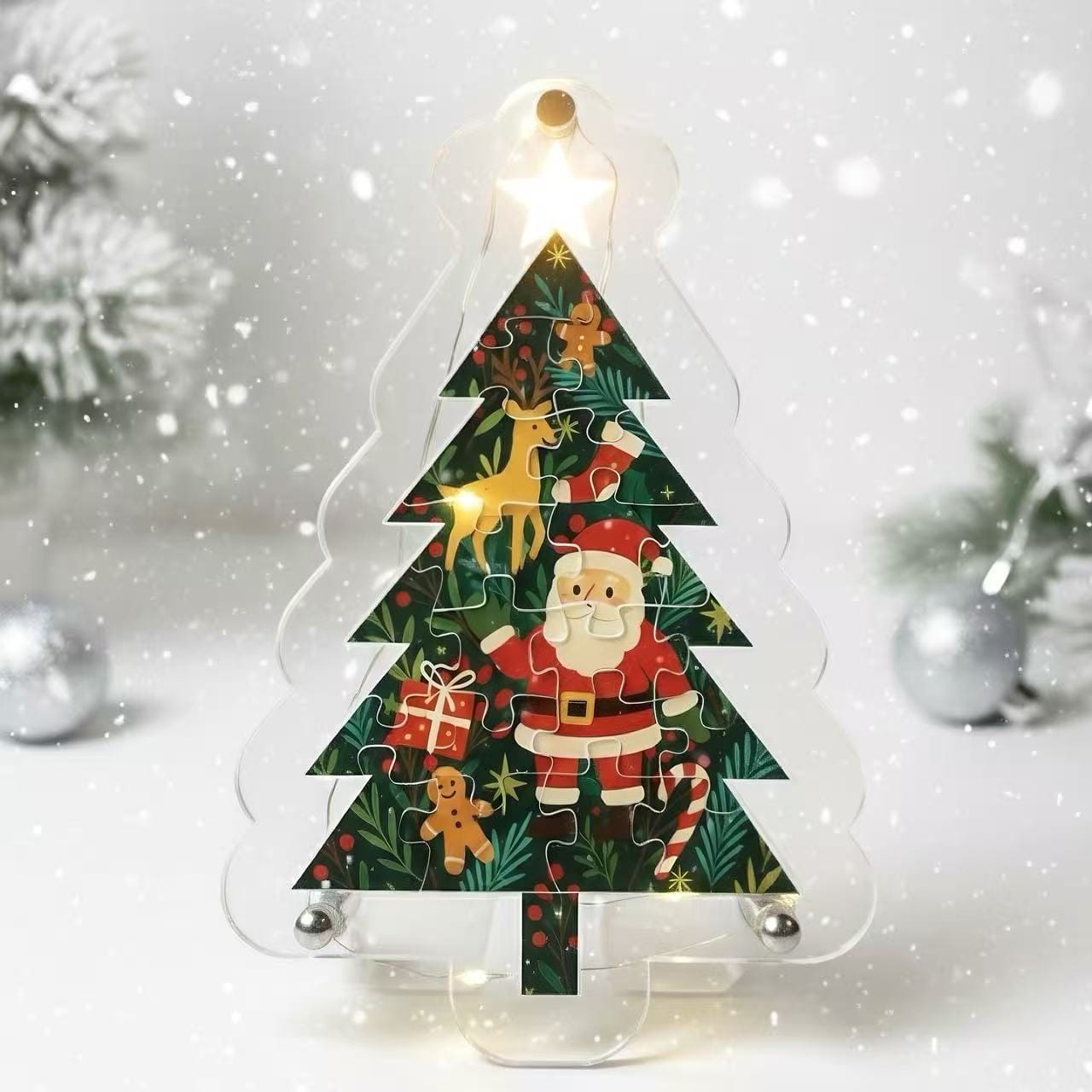 Acrylic Christmas Tree Puzzle,  4×6 inches Clear Holiday Ornament with Santa & Reindeer, 3D Layered Acrylic Design, Available in Embedded Shape Style or Standard Jigsaw Puzzle Version - Image 5